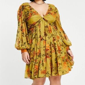 ASOS Curve Pleated Bodice Bishop Sleeve Floral Lace up Back Dress